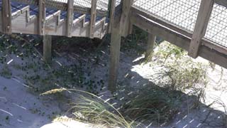 Ramp stairs, walkway, shadow of boards on sand